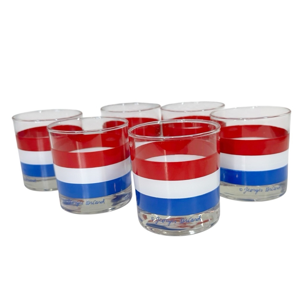 GEORGES BRAIRD Vintage 1960's Low Ball Glasses Red/White/Blue Stripe Glasses 6